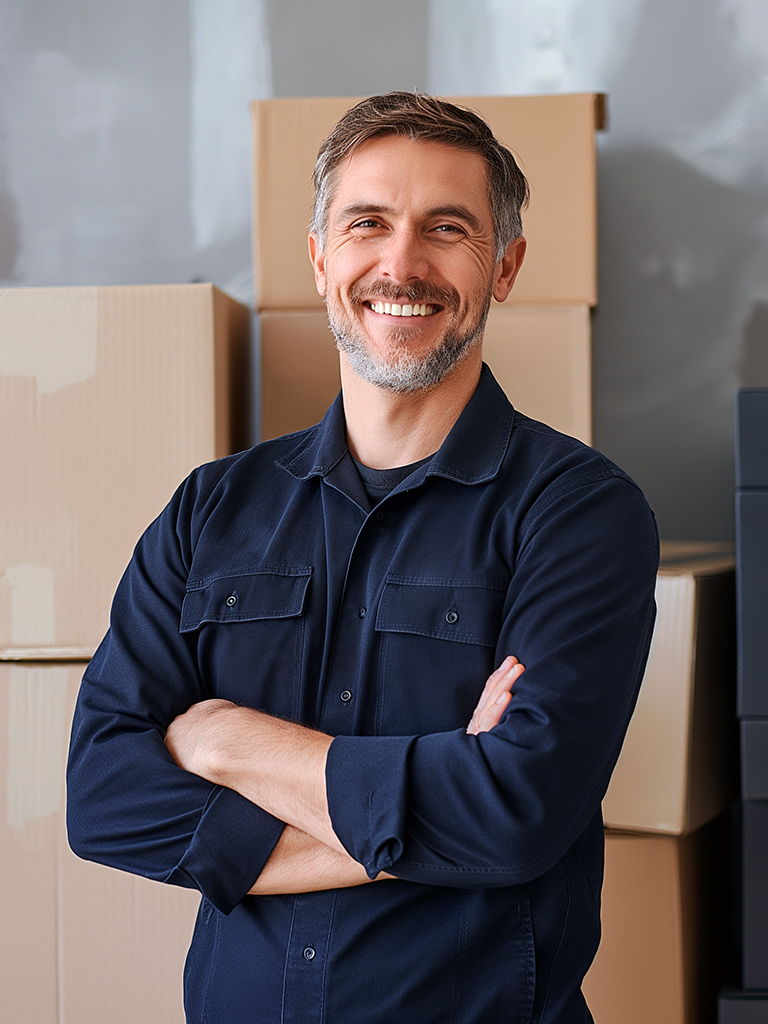 a man wearing a blue uniform, standing in front of moving boxes