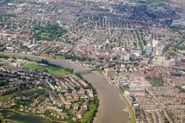 The aerial view of Hammersmith and its green spaces in the concept of parks and green spaces in Hammersmith.