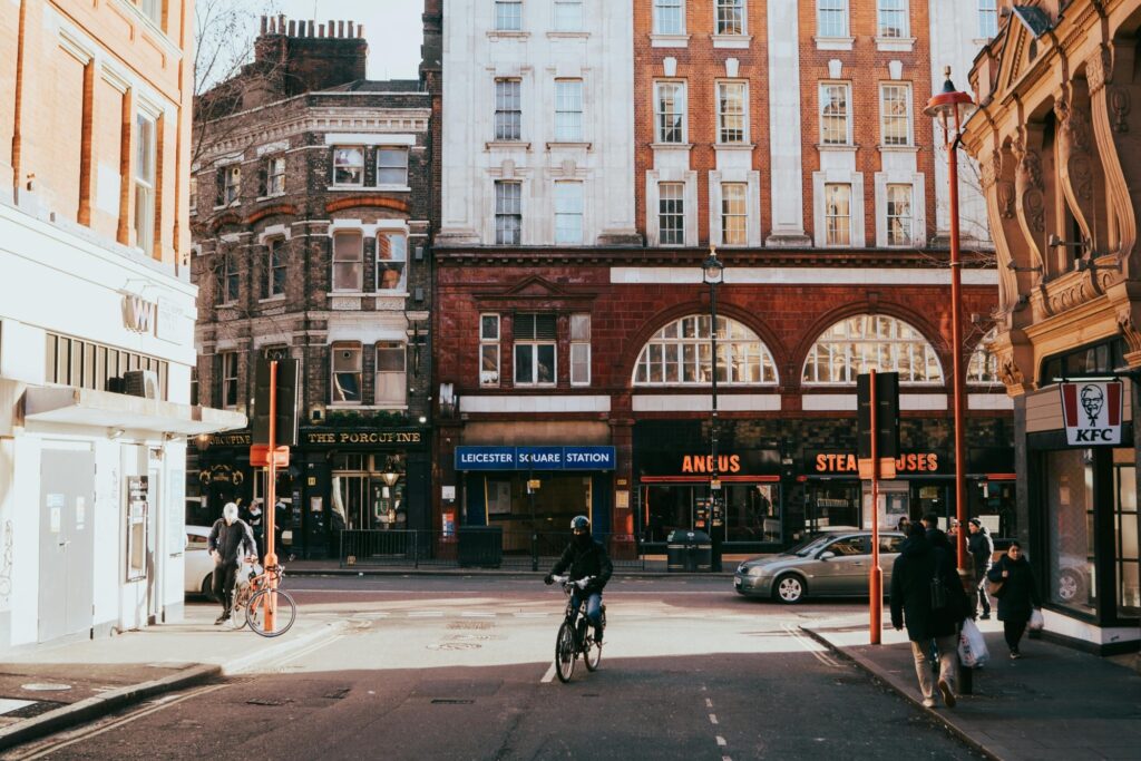 Corner of a street full of shops