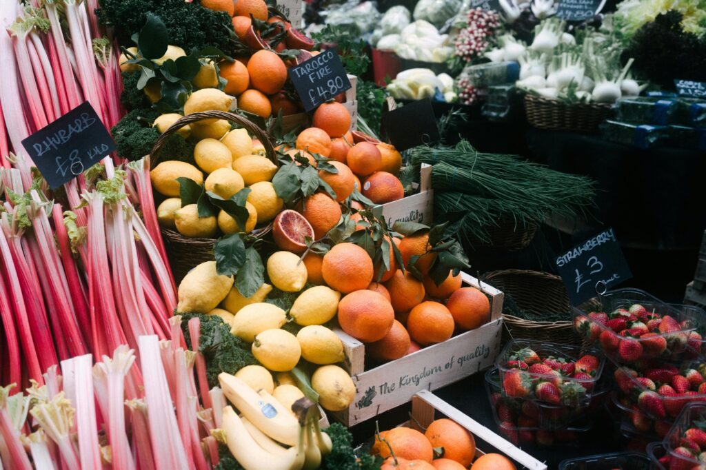 Fresh fruits in the Borough market in the concept of 'local shops and markets in Hammersmith'.