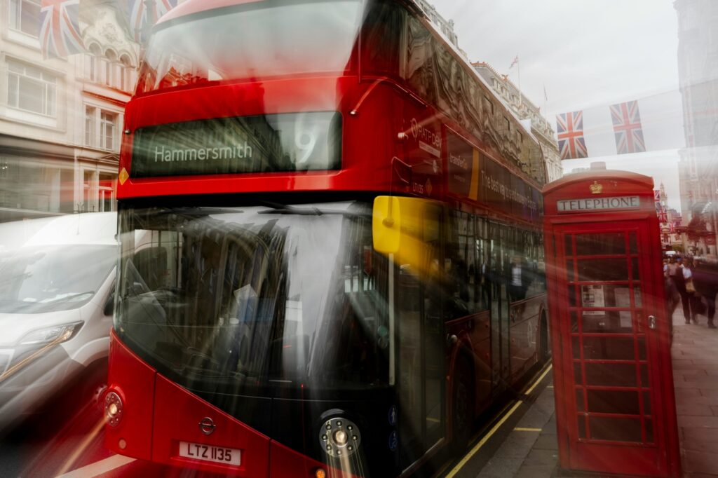 A double-decker bus to Hammersmith in the concept of 'how to use Hammersmith's public transport'.