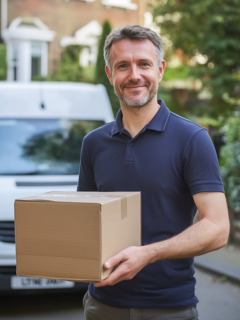 man holding a box in front of a white van